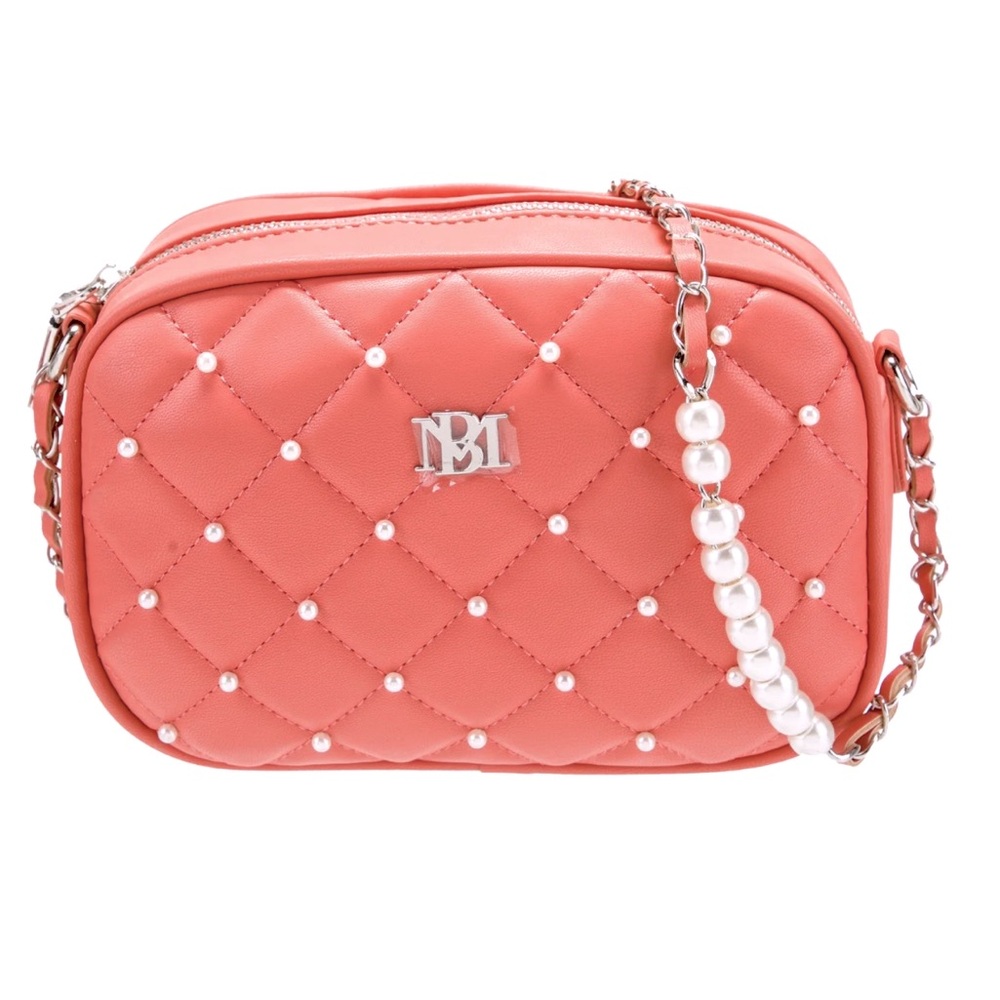 Badgley Mischka Coral Quilted Crossbody Bag with Pearl Chain Vegan Leather